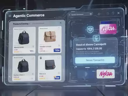 A digital interface showing product listings and a secure payment prompt, representing AI-powered shopping with Visa and Nykaa. - Foto: über boerse-global.de