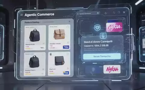 A digital interface showing product listings and a secure payment prompt, representing AI-powered shopping with Visa and Nykaa. - Foto: über boerse-global.de