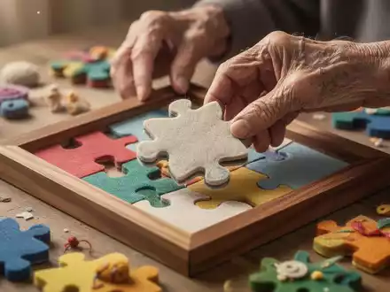 Ältere Hände legen ein großes, weiches Puzzleteil in einen Rahmen, umgeben von taktilen Objekten, die Demenzpatienten ansprechen. - Foto: über boerse-global.de
