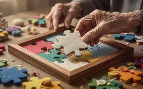 Ältere Hände legen ein großes, weiches Puzzleteil in einen Rahmen, umgeben von taktilen Objekten, die Demenzpatienten ansprechen. - Foto: über boerse-global.de