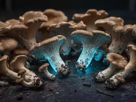 Nahaufnahme verschiedener Heilpilze mit subtilem Leuchten auf dunklem Hintergrund, die Forschung und Naturmedizin symbolisieren. - Foto: über boerse-global.de