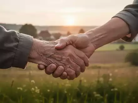 Eine ältere Hand hält sanft eine jüngere Hand, vor dem verschwommenen Hintergrund einer ländlichen deutschen Landschaft bei Sonnenaufgang. - Foto: über boerse-global.de