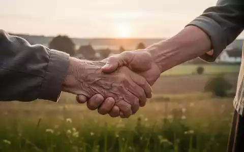 Eine ältere Hand hält sanft eine jüngere Hand, vor dem verschwommenen Hintergrund einer ländlichen deutschen Landschaft bei Sonnenaufgang. - Foto: über boerse-global.de