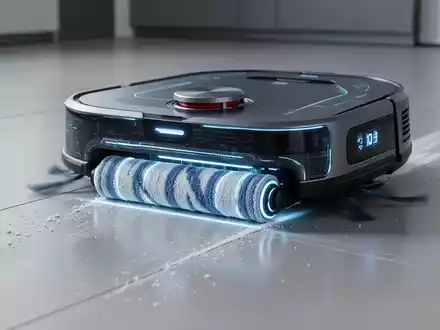 Ein moderner Reinigungsroboter mit sichtbarer Rollenmopp-Technologie reinigt einen glänzenden Boden in einem minimalistischen Raum. - Foto: über boerse-global.de