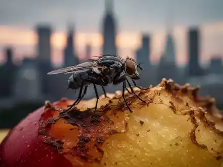 Eine Fruchtfliege sitzt auf einem Stück Obst mit einer städtischen Skyline im Hintergrund, die den Rückgang der Artenvielfalt darstellt. - Foto: über boerse-global.de