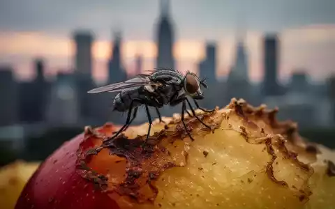 Eine Fruchtfliege sitzt auf einem Stück Obst mit einer städtischen Skyline im Hintergrund, die den Rückgang der Artenvielfalt darstellt. - Foto: über boerse-global.de