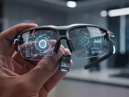 Close-up of futuristic smart glasses with a glowing interface, held by a hand, highlighting a visible hot-swappable battery. - Foto: über boerse-global.de
