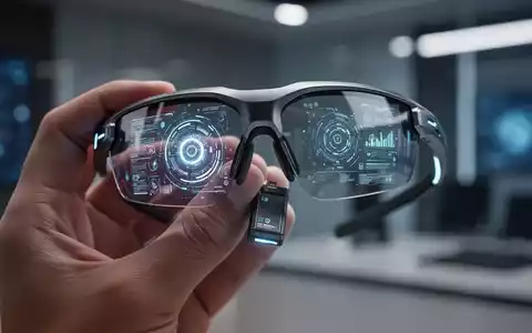 Close-up of futuristic smart glasses with a glowing interface, held by a hand, highlighting a visible hot-swappable battery. - Foto: über boerse-global.de