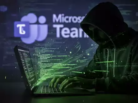 A shadowy figure in a hoodie using a laptop, with green code merging into a blurred Microsoft Teams logo, symbolizing a cyber attack. - Foto: über boerse-global.de