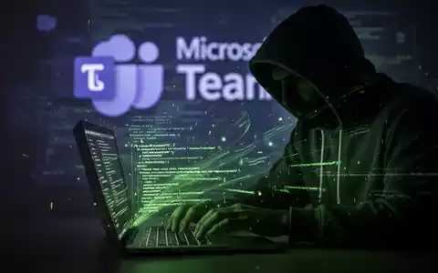 A shadowy figure in a hoodie using a laptop, with green code merging into a blurred Microsoft Teams logo, symbolizing a cyber attack. - Foto: über boerse-global.de