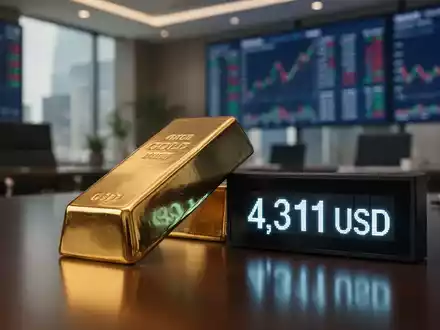 Ein glänzender Goldbarren neben einer Digitalanzeige, die 4.311 USD anzeigt, in einem Finanzumfeld. - Foto: über boerse-global.de