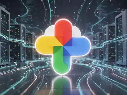A stylized Google Photos logo icon integrated into a digital landscape with data streams and cloud servers. - Foto: über boerse-global.de
