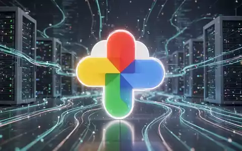 A stylized Google Photos logo icon integrated into a digital landscape with data streams and cloud servers. - Foto: über boerse-global.de