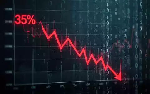 Ein minimalistischer Aktienchart zeigt einen steilen Rückgang von 35%, mit abstrakten digitalen Elementen im Hintergrund. - Foto: über boerse-global.de