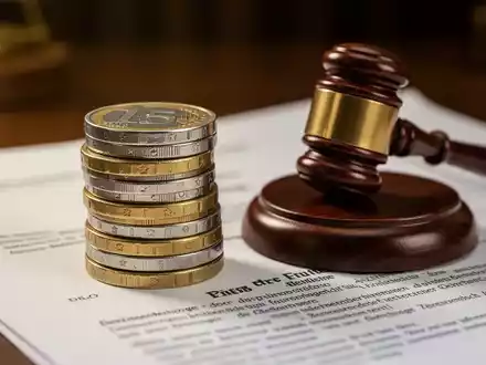 Ein Nahaufnahme von Euro-Münzen neben einem kleinen Richterhammer auf einem verschwommenen Rechtsdokument, das Finanzen und Recht symbolisiert. - Foto: über boerse-global.de