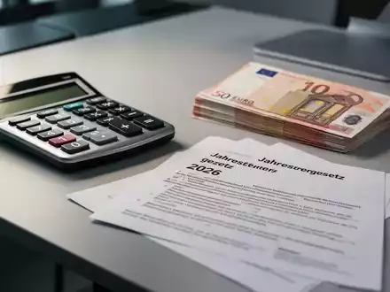 Ein Taschenrechner, ein Stapel Euro-Banknoten und ein Dokument mit der Aufschrift „Jahressteuergesetz 2026“ auf einem modernen Schreibtisch. - Foto: über boerse-global.de