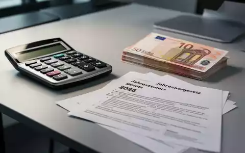 Ein Taschenrechner, ein Stapel Euro-Banknoten und ein Dokument mit der Aufschrift „Jahressteuergesetz 2026“ auf einem modernen Schreibtisch. - Foto: über boerse-global.de