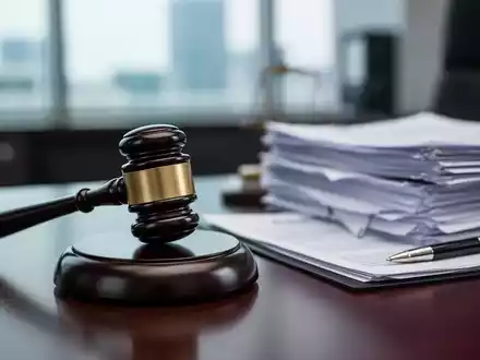 Ein hölzerner Richterhammer liegt auf einem dunklen Schreibtisch neben einem Stapel von Dokumenten, Symbole für Recht und Compliance. - Foto: über boerse-global.de