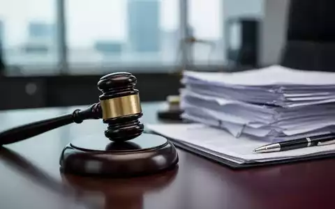 Ein hölzerner Richterhammer liegt auf einem dunklen Schreibtisch neben einem Stapel von Dokumenten, Symbole für Recht und Compliance. - Foto: über boerse-global.de