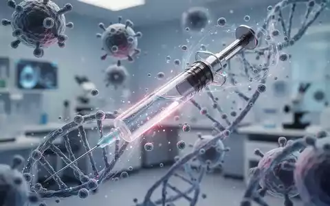 Eine futuristische, elegante Spritze mit leuchtender Flüssigkeit, umgeben von mikroskopischen Zellstrukturen und DNA-Strängen. - Foto: über boerse-global.de