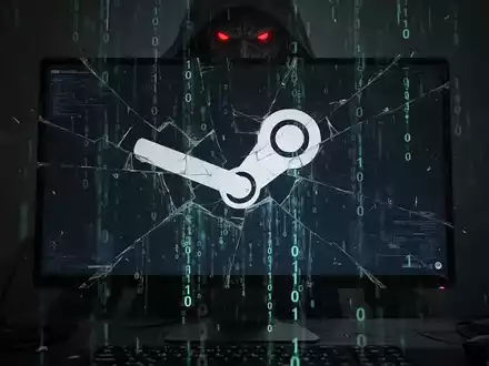 A fractured Steam logo on a computer screen, with binary code flowing downwards. A shadowy figure lurks behind it. - Foto: über boerse-global.de