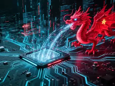 A glowing circuit board with data streams merging into a digital red dragon, symbolizing Chinese cyber espionage and malware. - Foto: über boerse-global.de