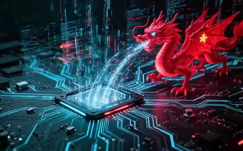 A glowing circuit board with data streams merging into a digital red dragon, symbolizing Chinese cyber espionage and malware. - Foto: über boerse-global.de
