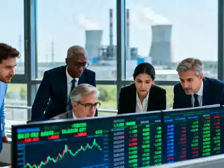 Geschäftsleute in einem modernen Büro vor einer Anzeigetafel mit Finanzdaten und einem Kraftwerk im Hintergrund. - Foto: über boerse-global.de