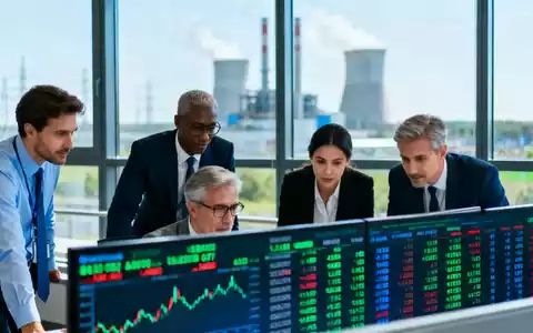 Geschäftsleute in einem modernen Büro vor einer Anzeigetafel mit Finanzdaten und einem Kraftwerk im Hintergrund. - Foto: über boerse-global.de