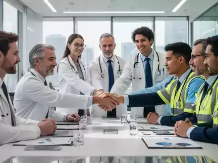 Ärzte und Sicherheitsexperten schütteln sich die Hände an einem Tisch, der Teamwork und Zusammenarbeit symbolisiert. - Foto: über boerse-global.de
