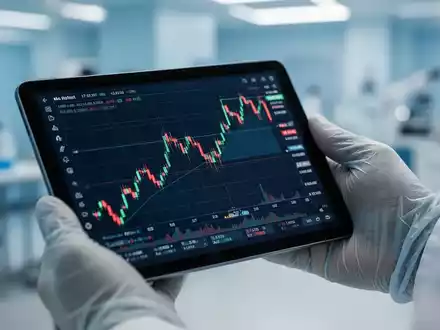 Eine Hand im medizinischen Handschuh hält ein Tablet mit einem stark fallenden Börsenkursdiagramm. Im Hintergrund verschwommen: ein medizinisches Labor. - Foto: über boerse-global.de