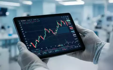 Eine Hand im medizinischen Handschuh hält ein Tablet mit einem stark fallenden Börsenkursdiagramm. Im Hintergrund verschwommen: ein medizinisches Labor. - Foto: über boerse-global.de