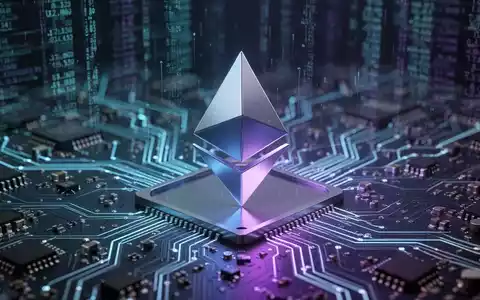 Ein stilisiertes, leuchtendes Ethereum-Symbol (ETH) in einer komplexen digitalen Leiterplatte, umgeben von Datenströmen. - Foto: über boerse-global.de