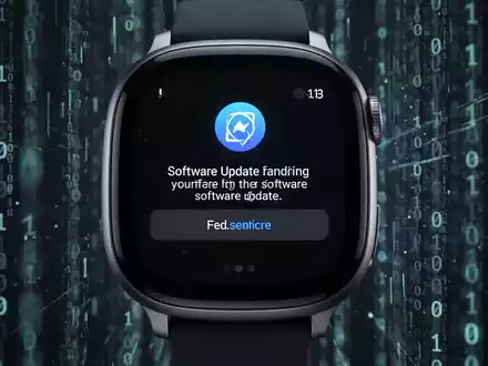 A close-up of a smartwatch screen displaying a software update notification, with abstract digital elements in the background. - Foto: über boerse-global.de