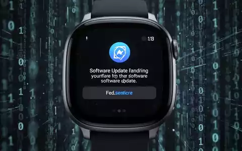 A close-up of a smartwatch screen displaying a software update notification, with abstract digital elements in the background. - Foto: über boerse-global.de