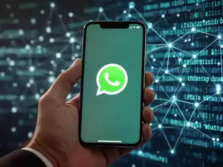 A hand holds an iPhone displaying the WhatsApp logo, with a blurred digital background representing software updates. - Foto: über boerse-global.de