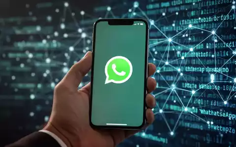 A hand holds an iPhone displaying the WhatsApp logo, with a blurred digital background representing software updates. - Foto: über boerse-global.de