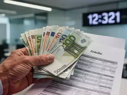 Eine Hand hält Euro-Banknoten und ein Finanzdokument mit dem Titel 'Anleihe' vor einem modernen Bürohintergrund. - Foto: über boerse-global.de