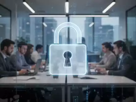 Digital padlock icon over a blurred modern office, symbolizing data security and employee privacy in the workplace. - Foto: über boerse-global.de