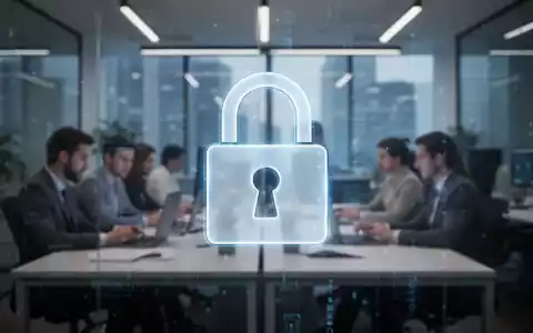 Digital padlock icon over a blurred modern office, symbolizing data security and employee privacy in the workplace. - Foto: über boerse-global.de