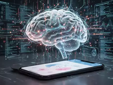 Eine stilisiertes Gehirn mit digitalen Datenströmen und neuronalen Netzwerken, dazu eine App-Oberfläche. Symbolisiert KI und digitale Therapie bei ADHS. - Foto: über boerse-global.de