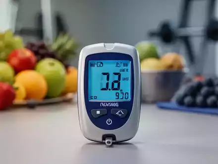 Nahaufnahme eines Blutzuckermessgeräts, das normale Werte anzeigt, mit verschwommenem Hintergrund aus Obst und Sportgeräten. - Foto: über boerse-global.de