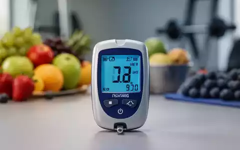 Nahaufnahme eines Blutzuckermessgeräts, das normale Werte anzeigt, mit verschwommenem Hintergrund aus Obst und Sportgeräten. - Foto: über boerse-global.de