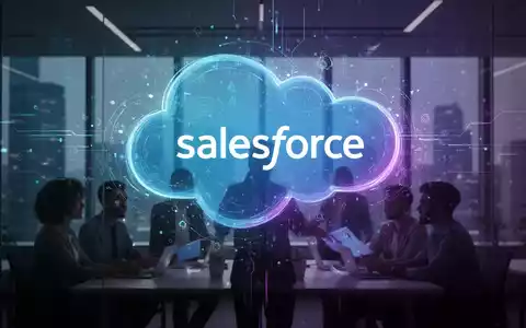 Abstrakte Darstellung des Salesforce-Cloud-Logos mit digitalen KI-Mustern und Datenströmen, die die Integration von KI und technologischen Wandel symbolisieren. - Foto: über boerse-global.de