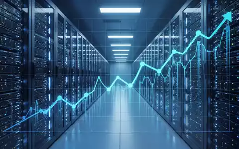 A futuristic data center with glowing blue server racks and a subtle, upward-trending financial graph overlaid on the image. - Foto: über boerse-global.de