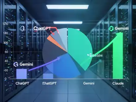 A digital chart showing ChatGPT's market share falling below 50%, with competitors Gemini and Claude gaining ground, against a futuristic AI backdrop. - Foto: über boerse-global.de
