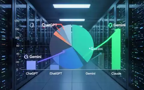 A digital chart showing ChatGPT's market share falling below 50%, with competitors Gemini and Claude gaining ground, against a futuristic AI backdrop. - Foto: über boerse-global.de