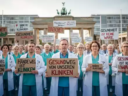 Gesundheitsreform Protest: Eine Gruppe von Krankenhausmitarbeitern demonstriert mit Plakaten vor einem Wahrzeichen. - Foto: über boerse-global.de