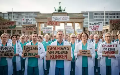 Gesundheitsreform Protest: Eine Gruppe von Krankenhausmitarbeitern demonstriert mit Plakaten vor einem Wahrzeichen. - Foto: über boerse-global.de