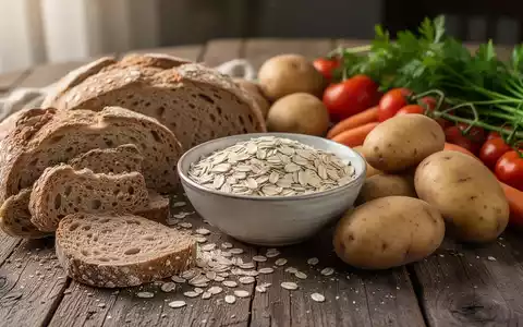 Eine Nahaufnahme eines Holztisches mit Vollkornbrot, Haferflocken, Kartoffeln und Gemüse, die gesunde Kohlenhydrate darstellen. - Foto: über boerse-global.de